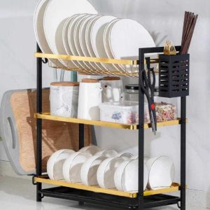 3-Tier Black & Gold Metallic Dish Rack with Drip Tray