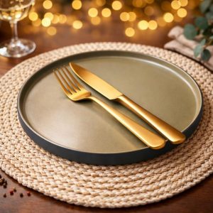 Matte Gold Cutlery Set with Sage Green Dinner Plate
