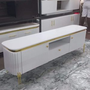 Modern White & Gold TV Stand with Cabinet