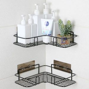 Black Metal Corner Shower Shelf - Adhesive Wall Mount