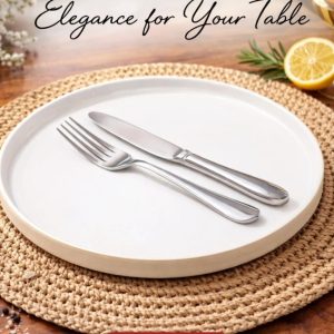 Matte White Round Dinner Plate with Silver Cutlery Set